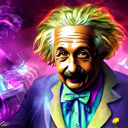 Image similar to portrait of albert einstein as willy wonka, league of legends amazing splashscreen artwork, fantasy, splash art, natural light, elegant, photorealistic facial features, intricate, fantasy, detailed face, atmospheric lighting, anamorphic lens flare, cinematic lighting, league of legends splash art, hd wallpaper, ultra high details by greg rutkowski