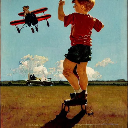 Prompt: a Norman Rockwell painting of a boy and his small airplane