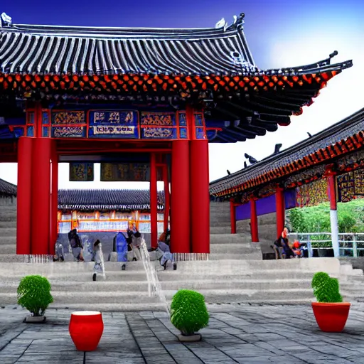 Prompt: 2D realistic render of a Chinese temple with a blues band jamming