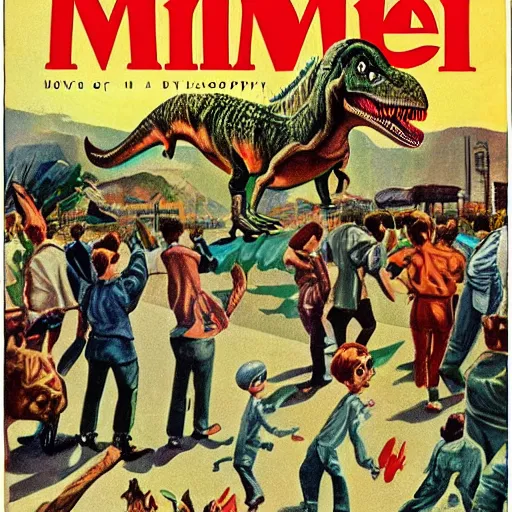 Image similar to dinosaur revolution on the streets of budapest 1 9 5 6, colored time magazine cover art, highly detailed illustration