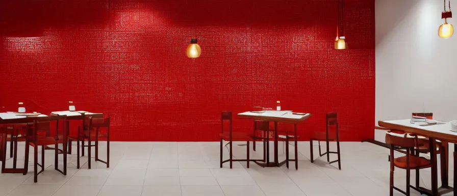 Image similar to a beautiful simple interior render of small roasted string hotpot restaurant restaurant yan'an, wall corner, from china, red paper wall and white tile floor, rectangle white porcelain table, fine simple delicate structure, chinese style, simple composition, simple style structure decoration design, victo ngai, 4 k hd