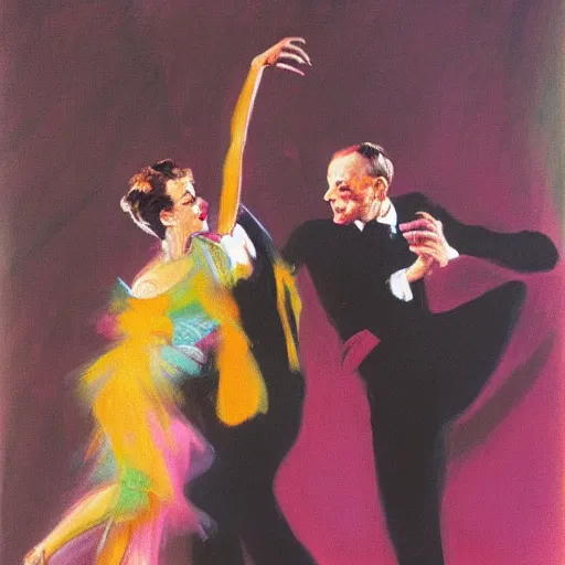 Prompt: cyd charisse and fred astaire dancing, colorful, francis bacon painting