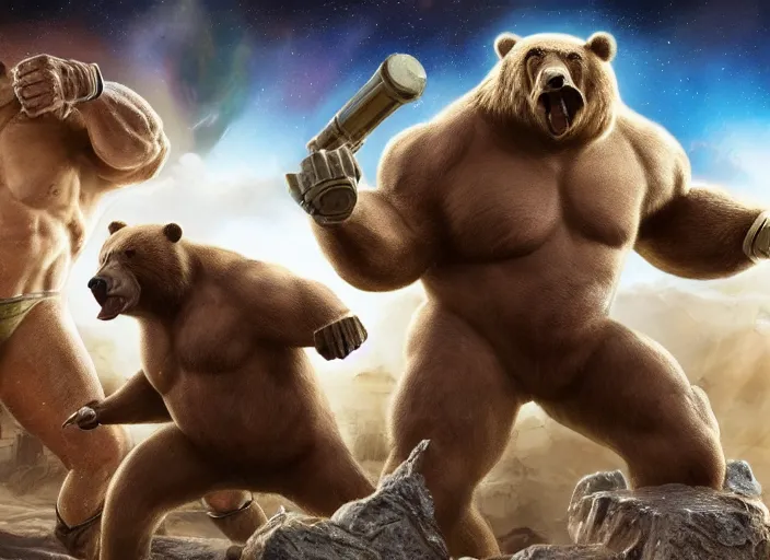 Image similar to photo of muscular bears, playing intergalactic championship versus chitauri. Highly detailed 8k. Award winning.