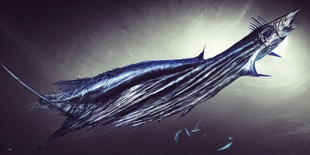 Image similar to sailfish, stylized layered textures, long flowing fins, bioluminescent orbs, 3 d render, substance painter, glowing eye, smooth, sharp focus, art by h r giger