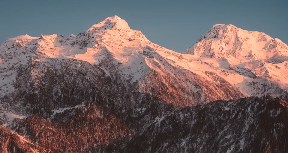 Image similar to professional photo of a snow topped mountain lit by the sunset