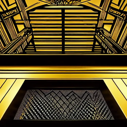 Image similar to art deco black and gold courtroom, sinister, dark, oppressive, low angle