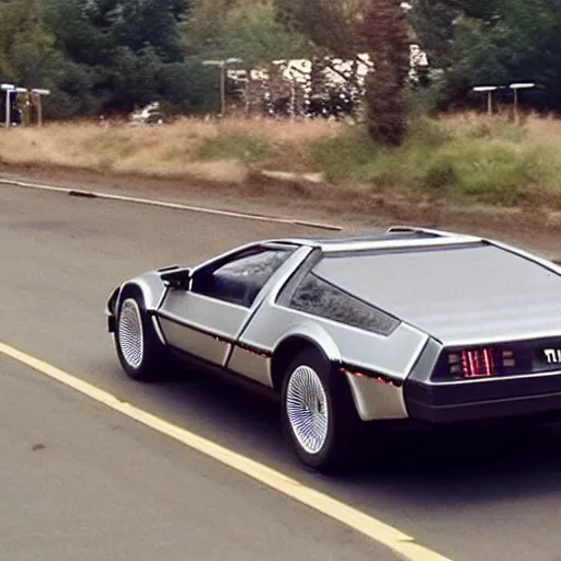 Prompt: gal gadot is driving the delorean from back to the future, realistic, cinematic scene