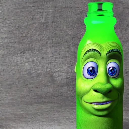 Image similar to a children's bottle inspired and themed in shrek's design, a bottle n the shape of shrek, high quality product, product design, sherek head design as a bottle,