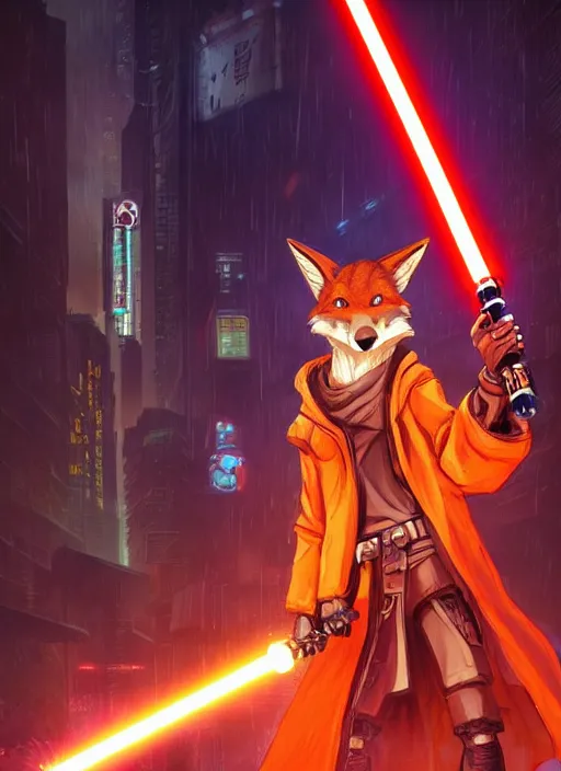 Prompt: character portrait of a anthro coyote fursona wearing jedi robes wielding an orange lightsaber in a cyberpunk city at night while it rains. hidari, color page, tankoban, 4K, tone mapping, Akihiko Yoshida.