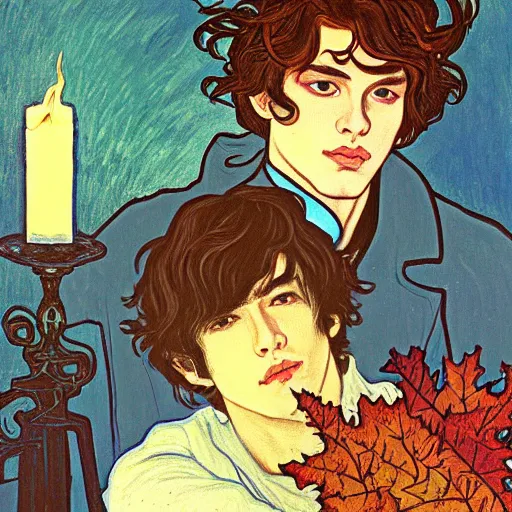 Image similar to painting of young cute handsome beautiful dark medium wavy hair man in his 2 0 s named shadow taehyung and cute handsome beautiful min - jun together at the halloween party, bubbling cauldron, candles, smoke, tarot, autumn colors, elegant, stylized, soft facial features, delicate facial features, art by alphonse mucha, vincent van gogh, egon schiele