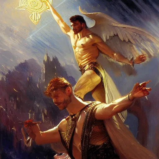 Image similar to attractive male deity casts light spell, summons attractive male lucifer morningstar. highly detailed painting by gaston bussiere, craig mullins, j. c. leyendecker 8 k