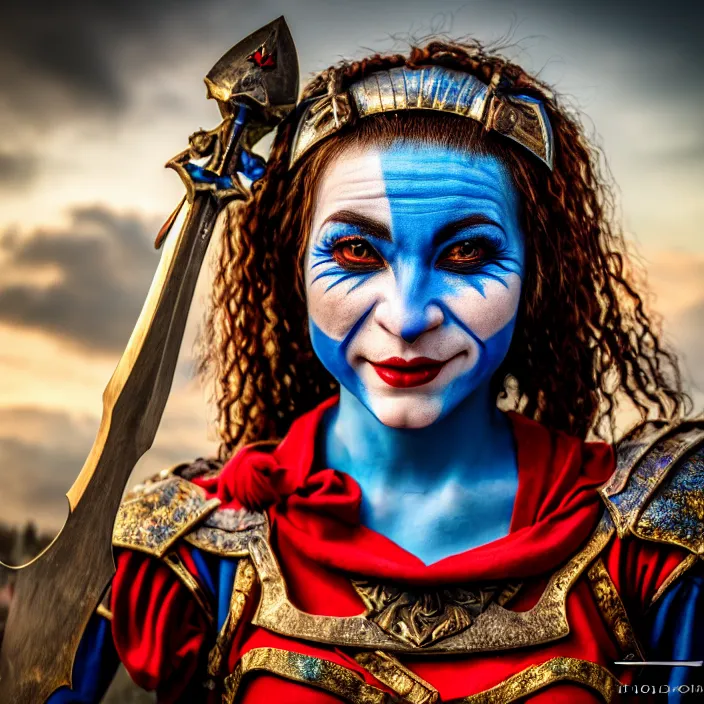 Prompt: photo of a real - life cute beautiful female jester warrior, 8 k, hdr, smooth, sharp focus, high resolution, award - winning photo