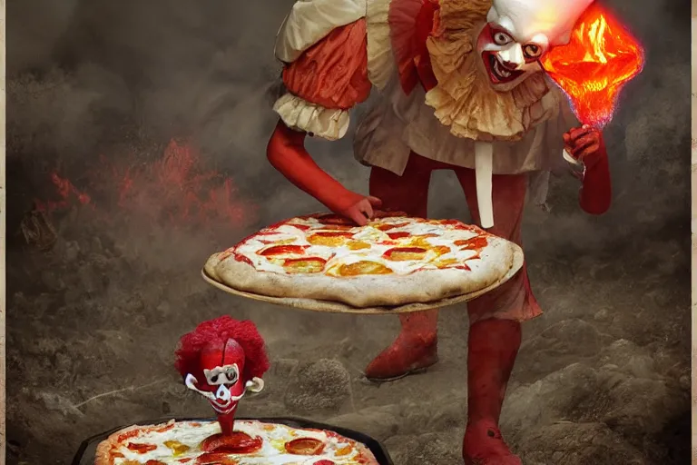 Prompt: pennywise as pulcinella! making pizza, in the backgroun vesuvius spewing lava, by esao andrews, by james jean, post - apocalyptic, hyperrealistic, big depth of field, black sky, glowing pools of lava, 3 d octane render, 4 k, conceptart, masterpiece, hyperrealistic, trending on artstation