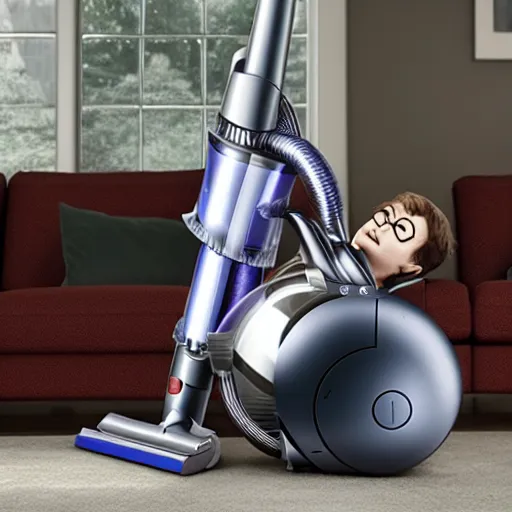 Image similar to Harry Potter riding a Dyson vacuum, 4k, detailed, ultra realistic, 4k