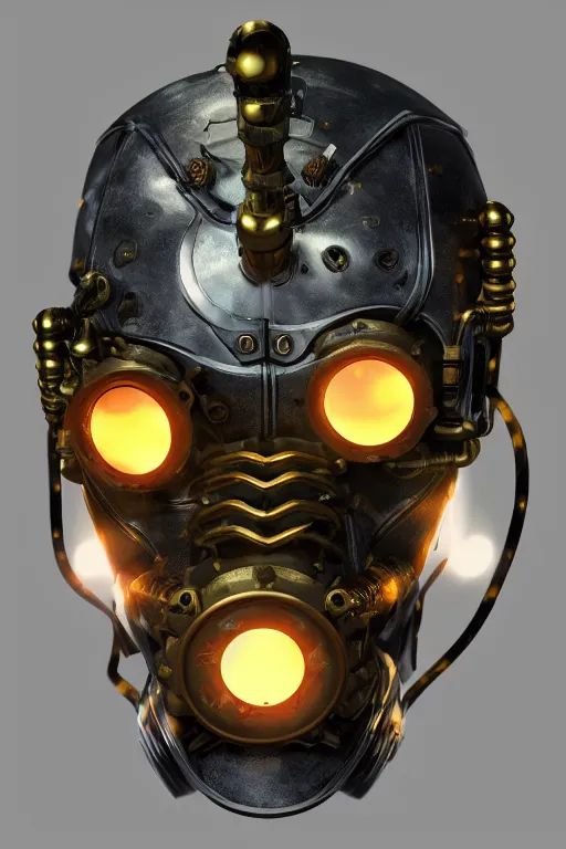 Image similar to steampunk mask minimalist fantasy art robot ninja helmet, global illumination ray tracing hdr fanart arstation by sung choi and eric pfeiffer and gabriel garza and casper konefal radiating a glowing aura