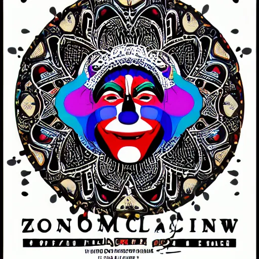 Image similar to Fillmore concert poster for The Bozone April 20, 1969 by Victor Moscoso and S. Clay Wilson, Cryengine, HD render, 3d, psychedelic, intricate paisley filigree Bozo the clown. red clown nose, mandala, day-glo colors, flowing lettering