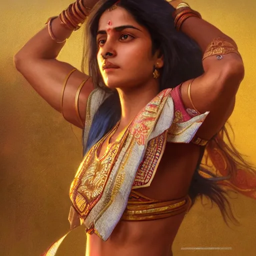 Image similar to indian woman doing push ups, ultra realistic, concept art, intricate details, highly detailed, photorealistic, octane render, 8 k, unreal engine. art by artgerm and greg rutkowski and alphonse mucha