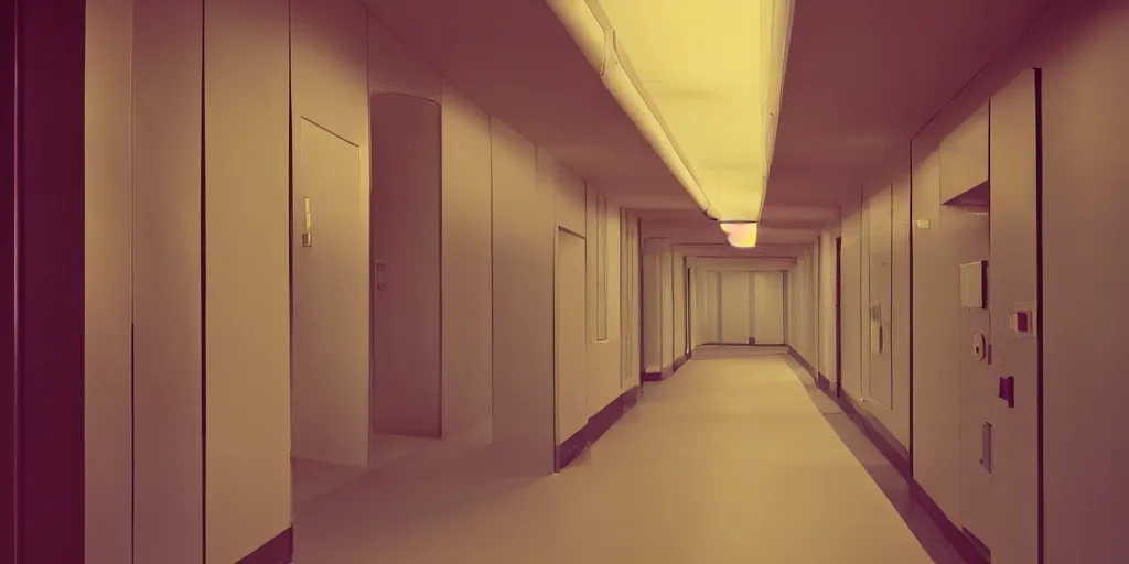 Image similar to noisy color photograph of a retrofuturist liminal space, hallways, minimalist, oddly familiar, cinematic, soft vintage glow