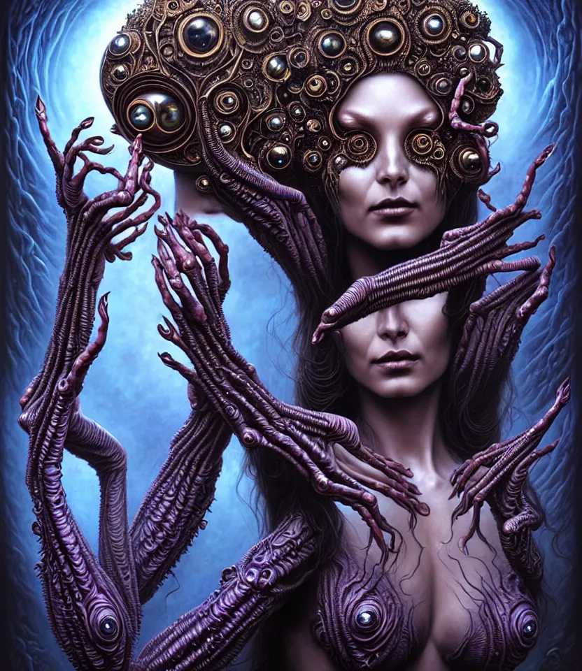 Image similar to A beautiful detailed alien goddess woman with 6 arms super dark tarot card, gorgeous model face by Stanley Artgerm, by tomasz alen kopera and Justin Gerard, 4 eyes, beautiful symmetrical features, ominous, magical realism, melting, texture, intricate, ornate, royally decorated, melting, whirling smoke, embers, purple adornments, blue torn fabric, radiant colors, fantasy, trending on artstation, volumetric lighting, micro details, 3d sculpture, ray tracing, 8k, anaglyph effect