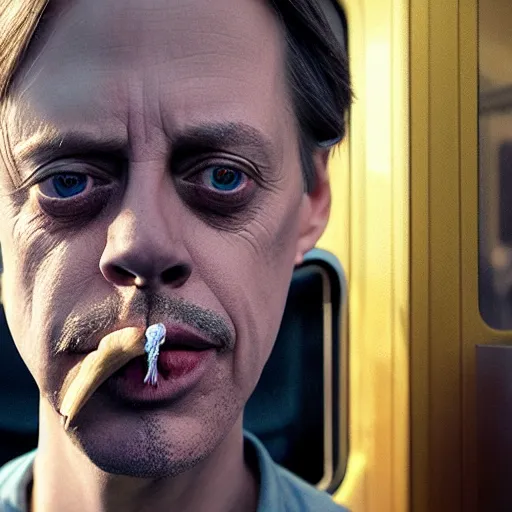 Image similar to hyperrealistic mixed media image of steve buscemi smoking a cigarette standing in front of a train, stunning 3 d render inspired art by xiang duan and thomas eakes, perfect facial symmetry, immaculate complexion, realistic, highly detailed attributes and atmosphere, dim volumetric cinematic lighting, 8 k octane detailed render, post - processing, masterpiece,