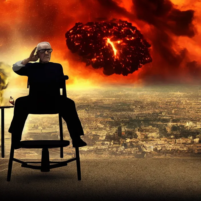 Image similar to cinematic movie, background blur bokeh, old man sitting in chair with black cat watching nuke explosion, world ending nuke, 4 k