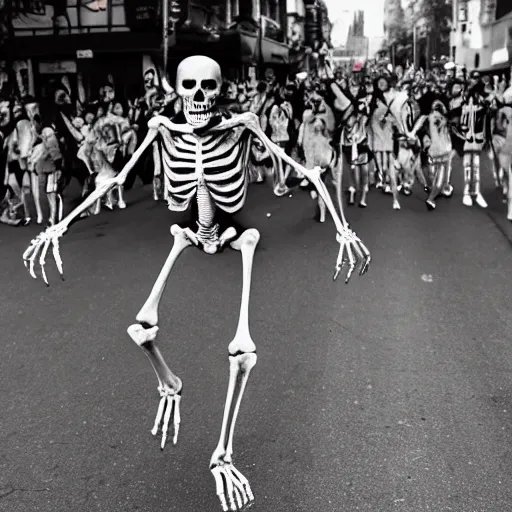 Image similar to A skeleton chasing a crowd of screaming people through the street