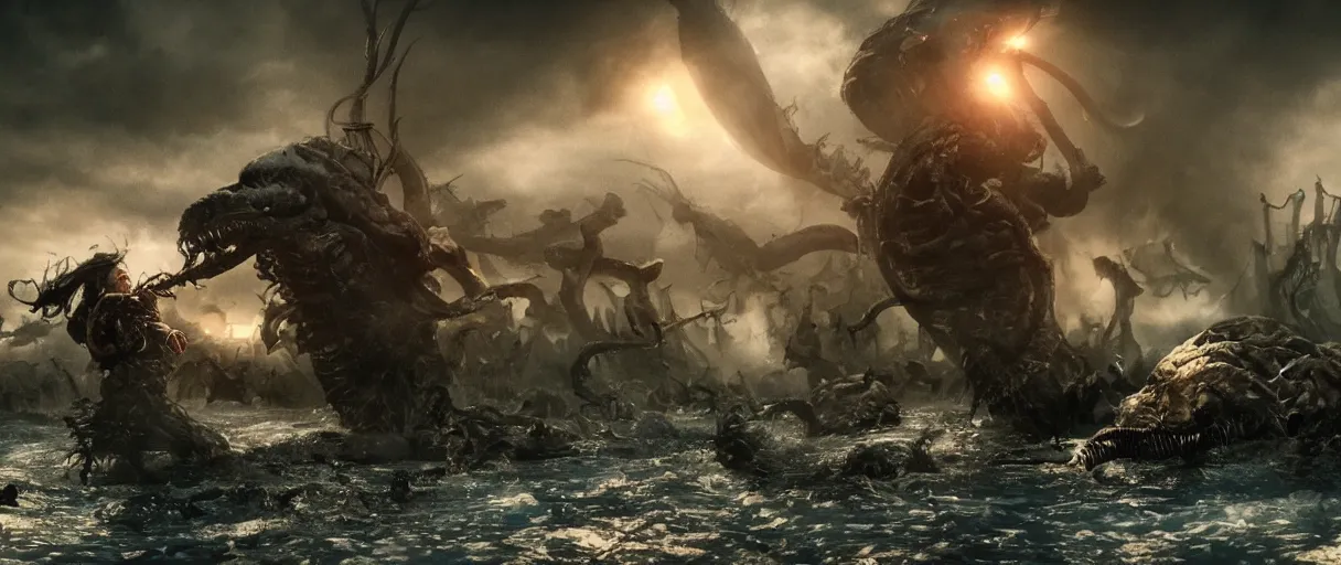 Image similar to pirates fighting giant screaming worm, cinematic atmosphere, maximized, high detail, 8k, ornate, dark fantasy, masterpiece, complex, film still from the movie directed by Denis Villeneuve