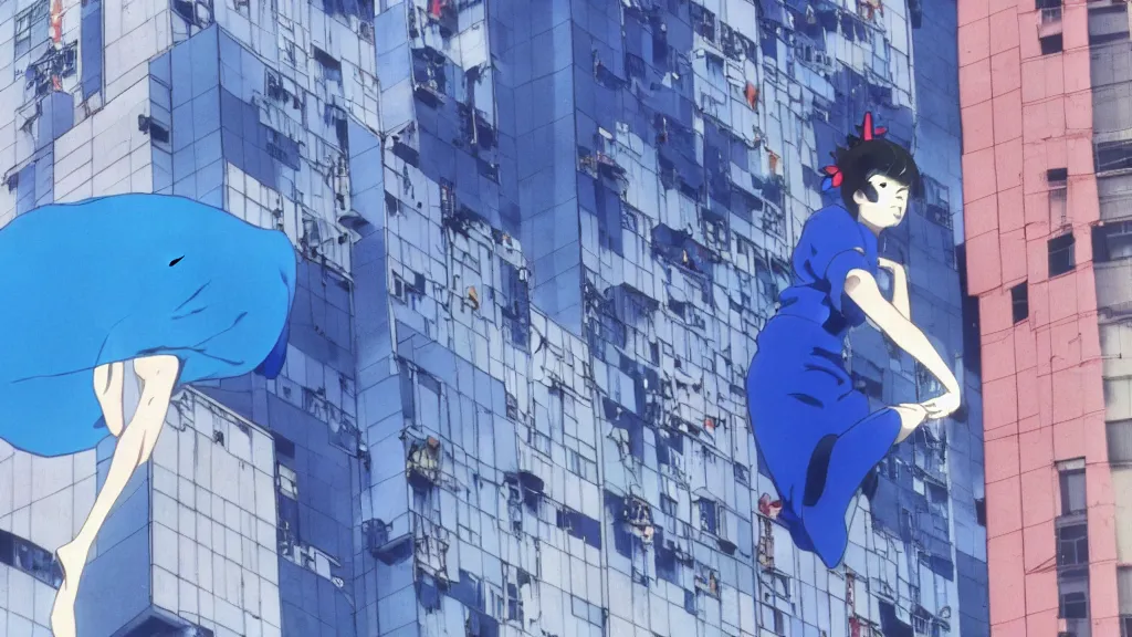 Prompt: a woman in a blue dress wearing a blue mantra ray mask falling from a building in Tokyo , anime film still from the an anime directed by Katsuhiro Otomo with art direction by Salvador Dalí, wide lens