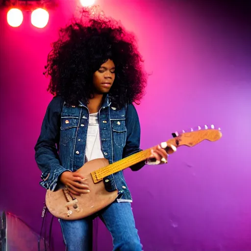 Image similar to 19-year-old black girl, African American girl, with long shaggy black hair, afro hair, wearing denim jacket and bell-bottom jeans, playing electric guitar, stoner metal concert, heavy blues rock, doom metal, 30mm photography