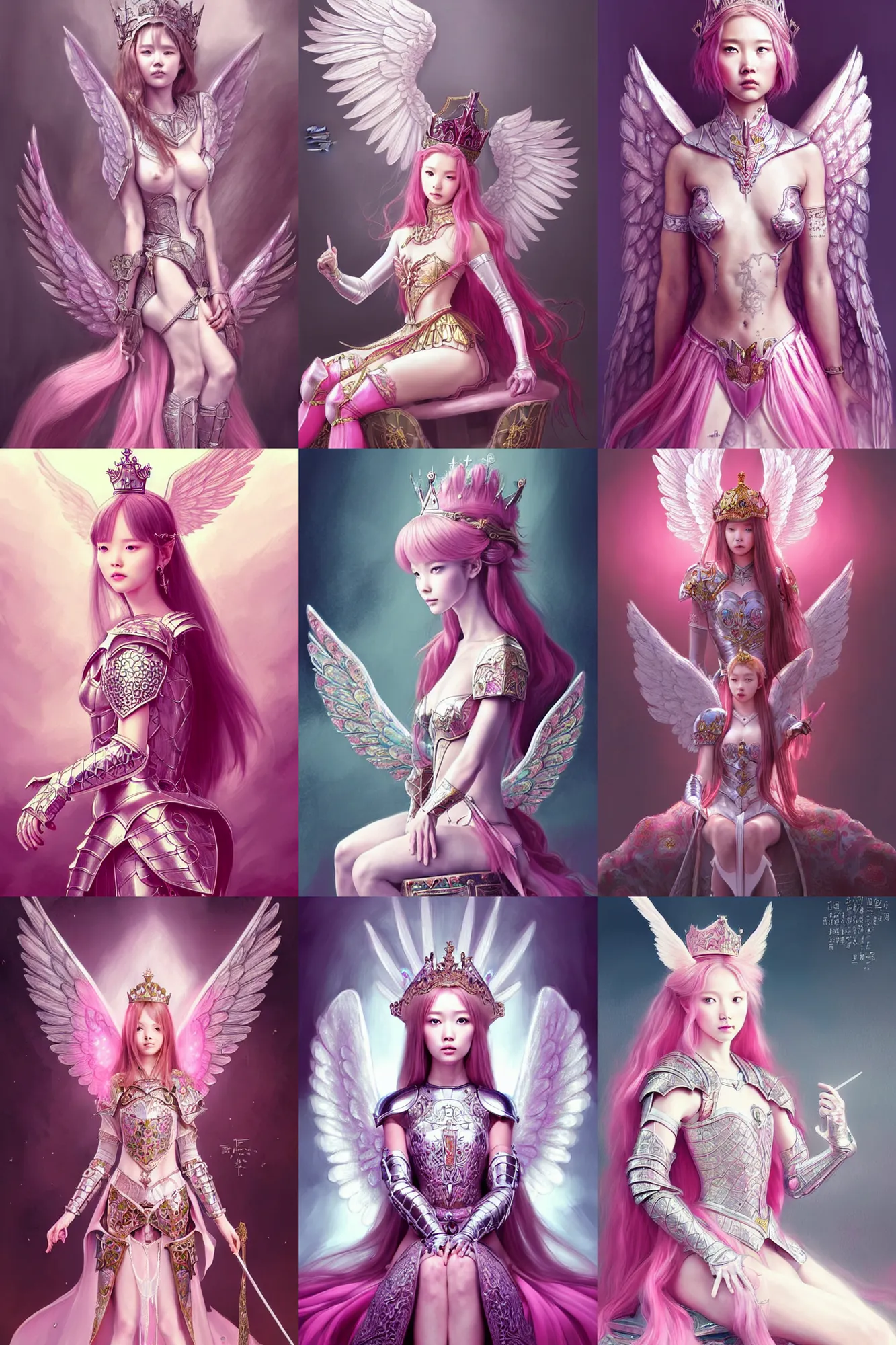 Prompt: gorgeous!! hyper - realistic princess wearing ornate pink knight armor, angel wings l sitting at the thrown | concept art, illustration | drawn by wlop, drawn by jeehyung lee, drawn by artgerm by takashi murakami