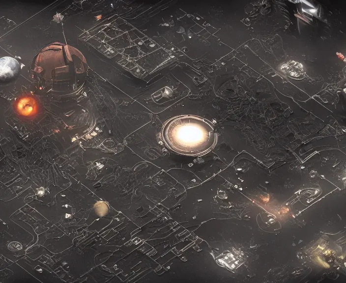 Image similar to a space junkyard forming a tilted disk in black starless space, a graveyard of space stations and giant space structures, dark sci - fi game map with solid black background