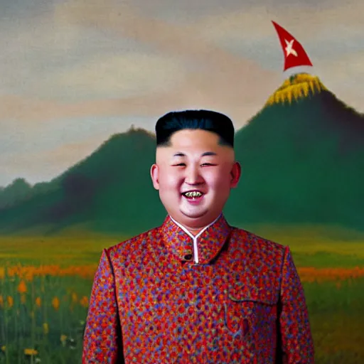 Image similar to surreal photography of smiling north korean kim chen in is wearing traditional - ukrainian folk shirt designed by taras shevchenko.