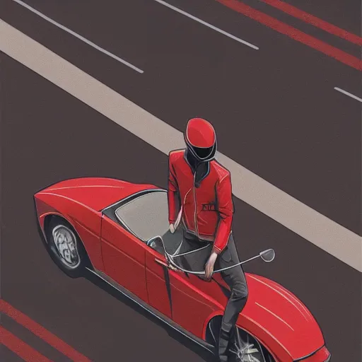 Image similar to man with a red jacket on a old highway walking toward a red futuristic racing motorbike, isometric view from behind, ink drawing, wide angle, ultra realistic, intricate details, ultra detailed, sharp focus, trending on artstation, art by artgerm and greg rutkowski