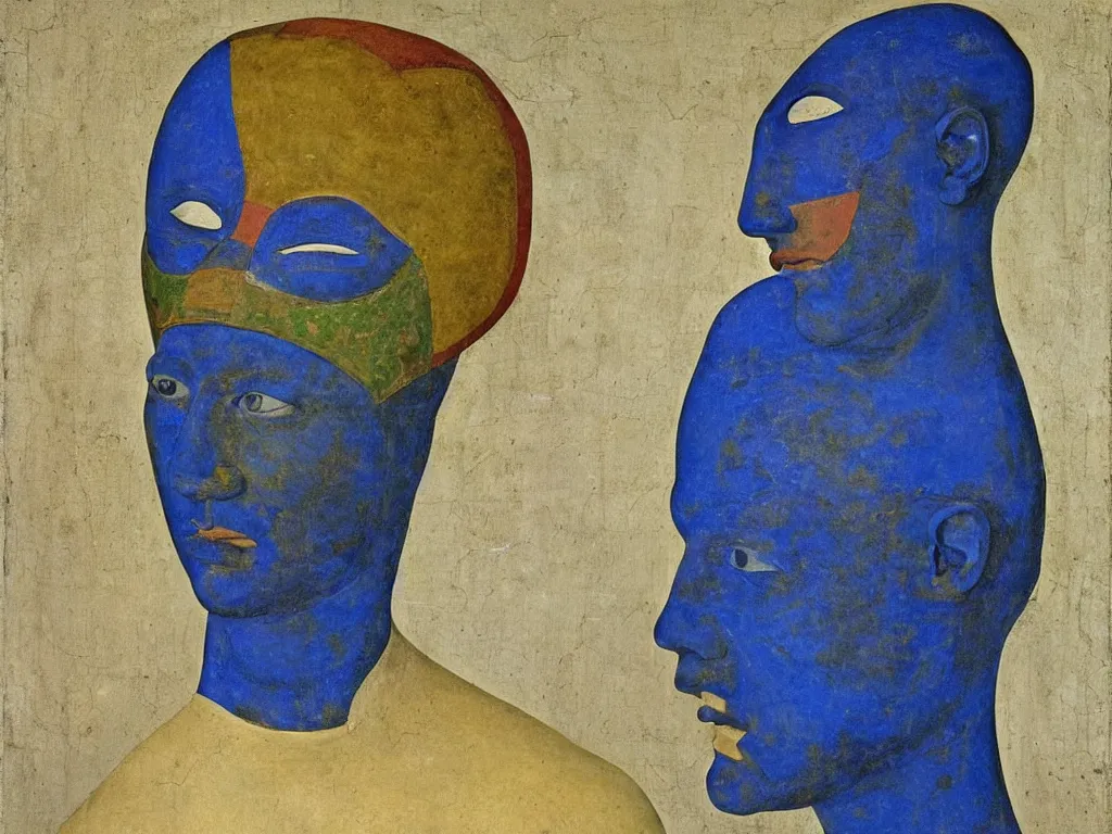 Image similar to portrait of a man head with painted archaic mask. lapis lazuli, malachite, cinnabar, indigo, gold. painting by piero della francesca, balthus, agnes pelton