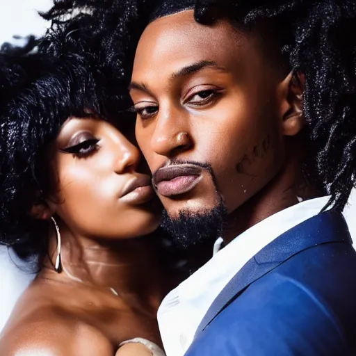Image similar to realistic, east african man with curly hair next to megan thee stallion, seductive, romantic, dreamy tones, realistic, full body, love, sharp focus, editorial