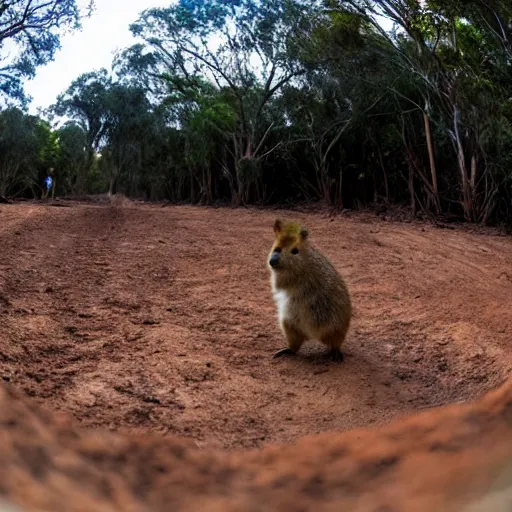 Prompt: a quokka and capybara standing on a motocross track, fisheye lens