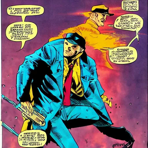 Image similar to frank miller comic golden eyes man scars jacket rain pistol