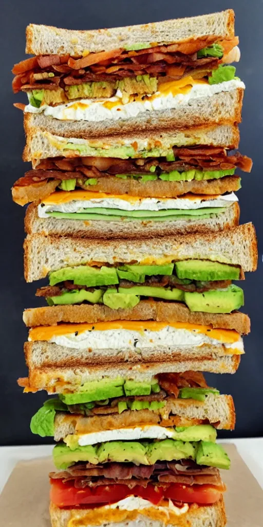 Image similar to the most tall sandwich with fried tofu, one red tomato slice, mayo, onion, avocado, melted cheddar, red dish, background : jupiter and stars in the sky