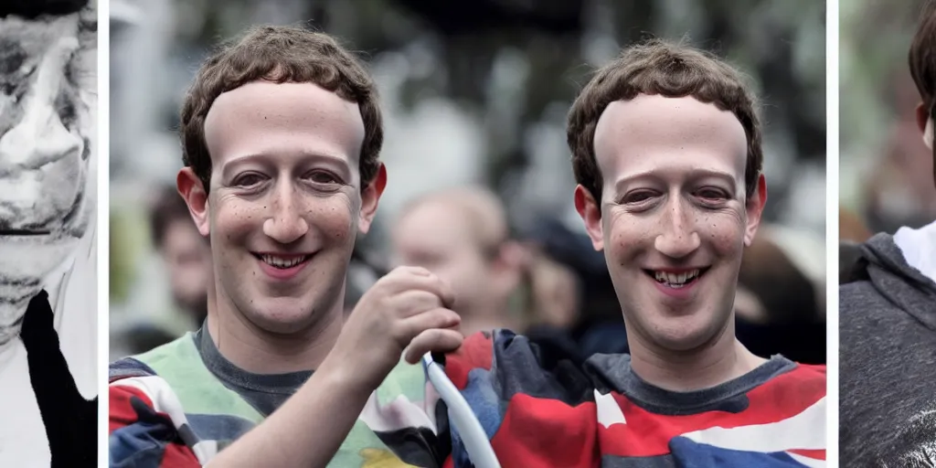 Prompt: the white painted face of Marc Zuckerberg with a very very very very very very large Beatles hair bowl cut standing on a surfboard