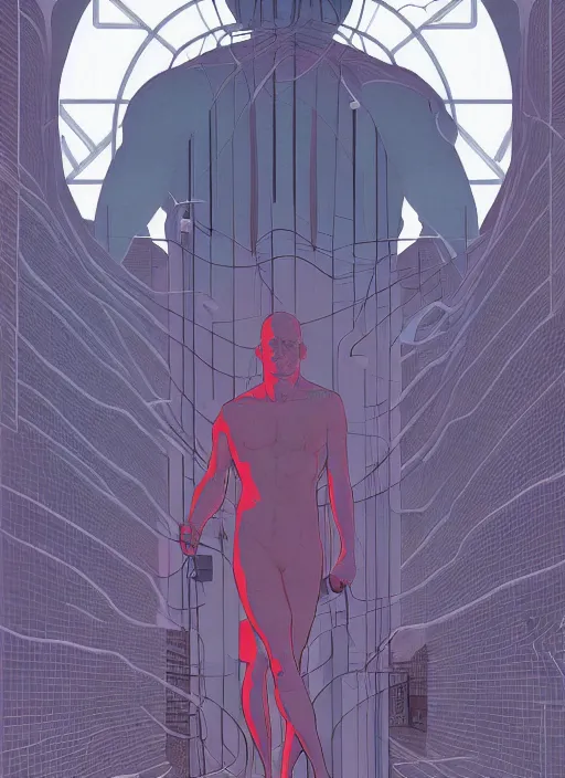 Image similar to poster artwork by Michael Whelan and Tomer Hanuka, of Delos Incorporated, clean