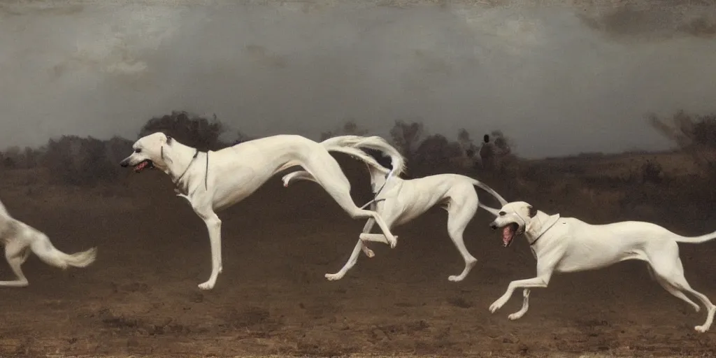 Image similar to white greyhounds running in the night dessert, by john charles dollman and nicola samori, highly detailed, realistic. dark atmosphere