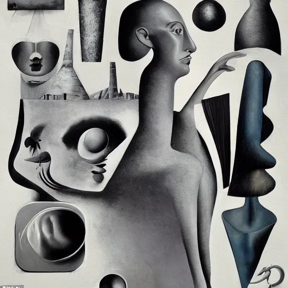 Image similar to evocative surrealist artwork resembling the style of Meret Oppenheim, Claude Cahun, Emila Medková, Valentine Penrose, Lee Miller, Sheila Legge, Unica Zürn