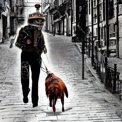 Prompt: steampunk robot walking his dog on the street photorealistic, cinematic, digital art