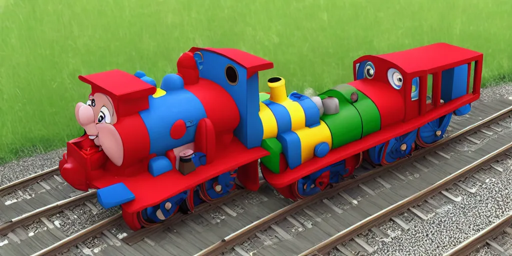 Prompt: dream new original cartoon train 3 d model choo choo tank engine children's character ham boy meme