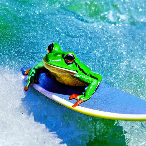 Image similar to photograph of a frog on a surfboard, catching a wave, high quality, clean, sharp focus, enhanced colors, hd, 8k