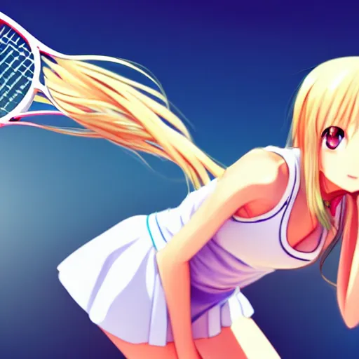 Image similar to a very beautiful young anime tennis girl, full body, long wavy blond hair, sky blue eyes, full round face,, bikini, miniskirt, front view, mid - shot, highly detailed, cinematic wallpaper by wlop