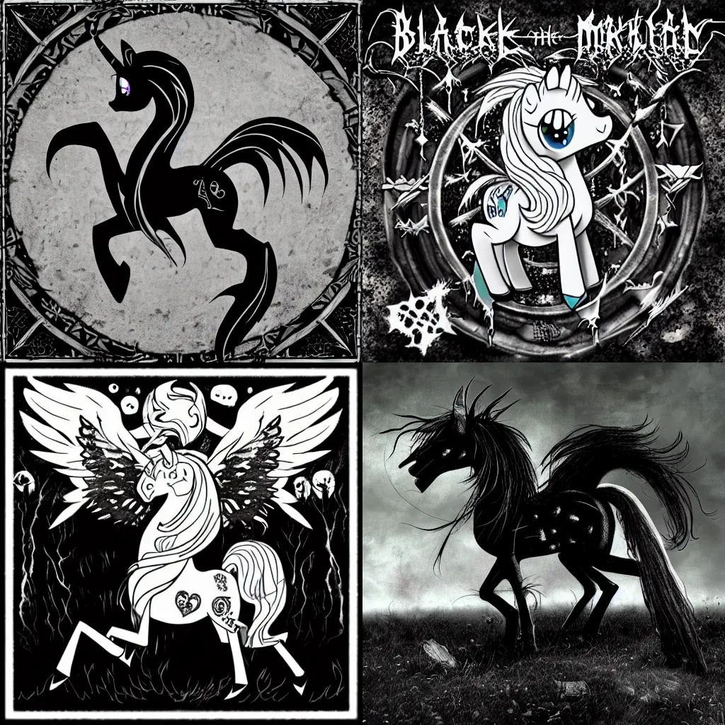 Prompt: black metal album cover, my little pony themed