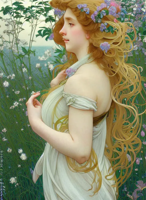 Image similar to pretty young woman with long blond hair, half body shot, path traced, highly detailed, high quality, digital painting, by studio ghibli and alphonse mucha, leesha hannigan, hidari, art nouveau, chiho aoshima, jules bastien - lepage