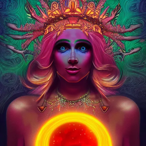Prompt: psychedelic concept art illustration of a freaky goddess with a dark moon in the far distance, trending on artstation, 8k - n 9