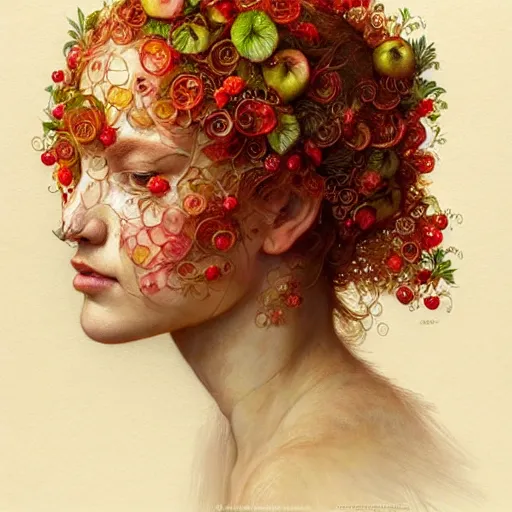 Image similar to portrait made of apples and fruit, fantasy, intricate, elegant, highly detailed, lifelike, photorealistic, digital painting, artstation, illustration, smooth, sharp focus, art by scott davidson, albert aublet, krenz cushart, artem demura, mucha, giuseppe arcimboldo